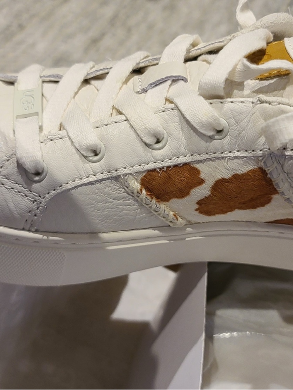 UGG White Leather Sneakers with Tan Cowhide Panels - Picture 5 of 6